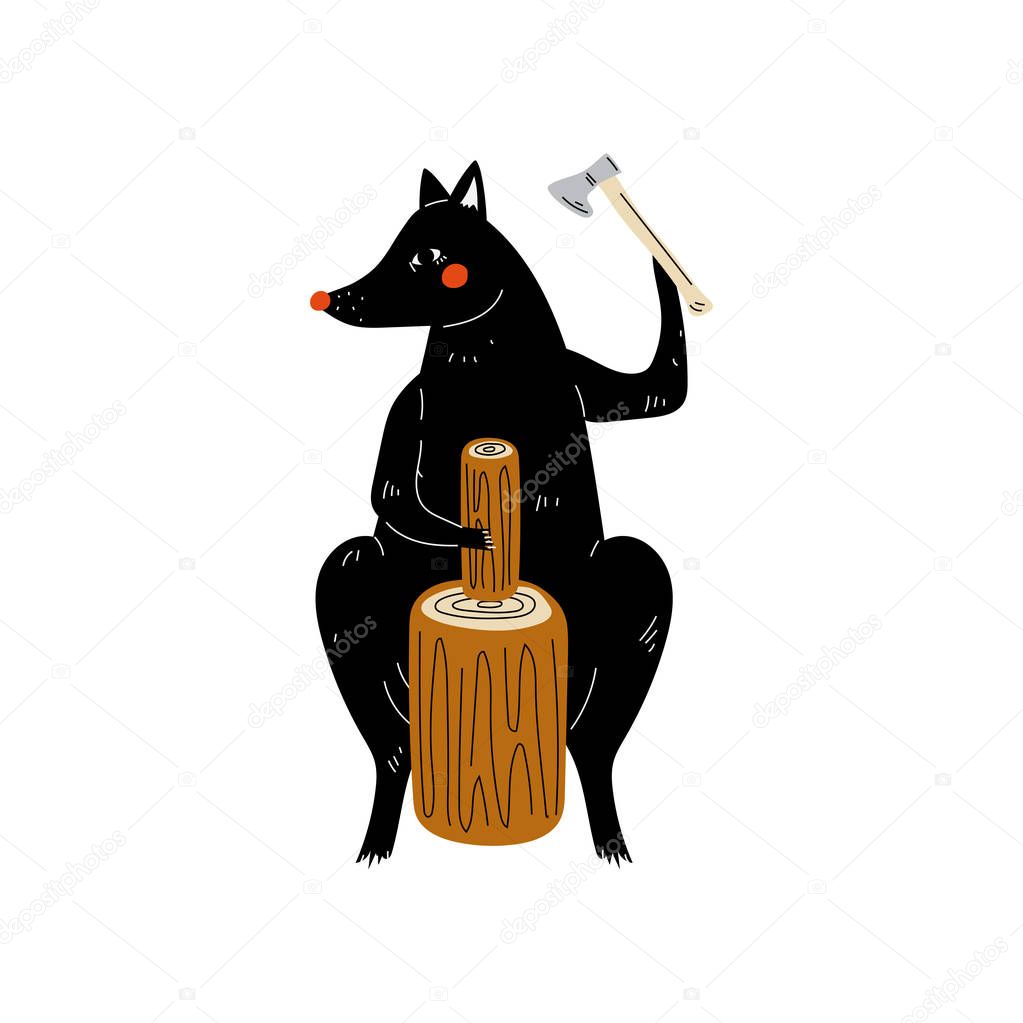 Wolf Chopping Wood with Ax, Animal Character Having Hiking Adventure Travel or Camping Trip Vector Illustration