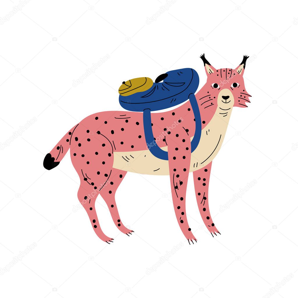 Lynx Travelling with Backpack, Animal Character Having Hiking Adventure Travel or Camping Trip Vector Illustration