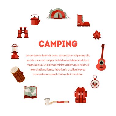 Metin için Yer ile Kamp ve Yürüyüş Ekipmanları Banner, Açık Macera Sembolleri Vektör İllüstrasyon