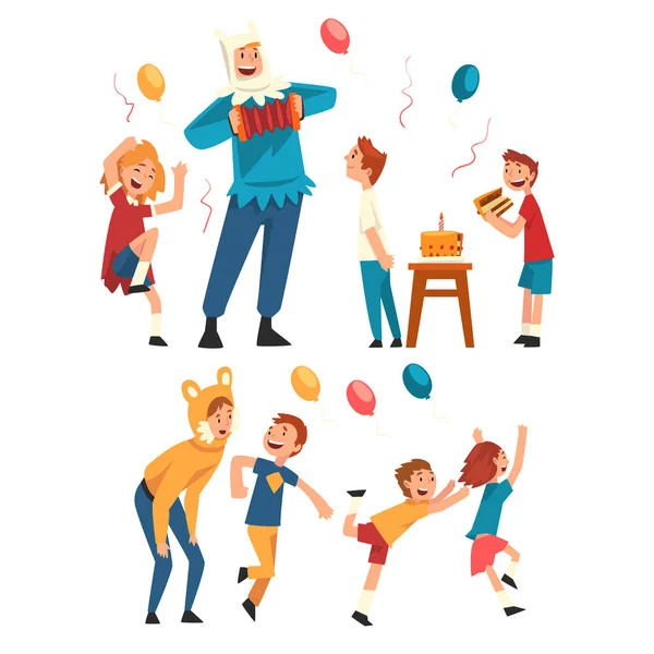 Happy Children Having Fun with Animator at Birthday Party, Entertainers in Festive Costumes Performing and Playing with Kids Vector Illustration — Stock Vector