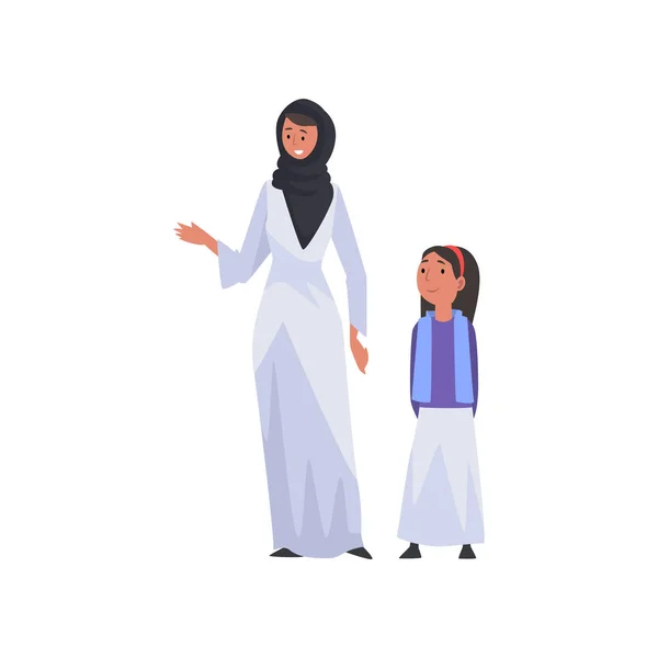 Smiling Mother and Her Daughter, Happy Arab Family in Traditional Clothes Vector Illustration - Stok Vektor
