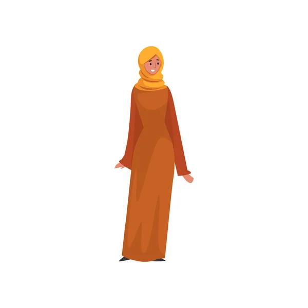 Mulher Muçulmana Bonita em Vestido Laranja e Hijab, Menina Árabe em Roupas Tradicionais Vetor Ilustração Vetor Ilustração — Vetor de Stock
