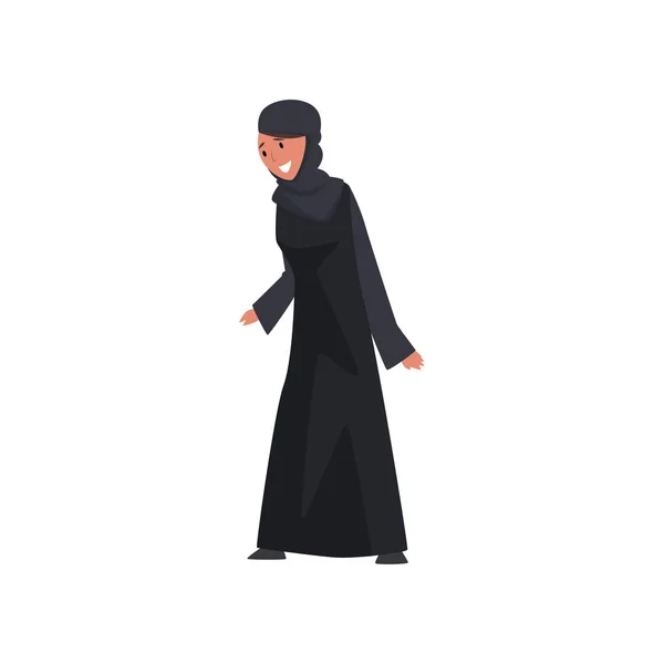 Mooie moslim vrouw in zwarte jurk en hijab, glimlachend Arabisch meisje in traditionele kleding vector illustratie — Stockvector