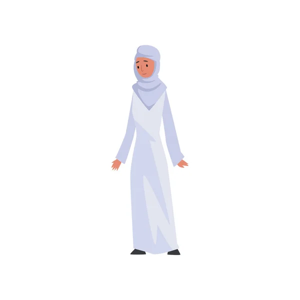 穆斯林妇女在白色礼服和Hijab，美丽的阿拉伯女孩在传统服装矢量插图矢量插图 — 图库矢量图片