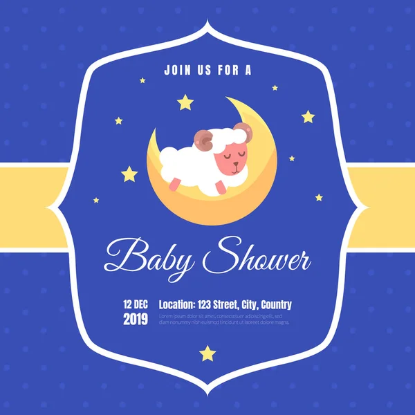 Plantilla de invitación para la ducha del bebé, tarjeta azul con adorable oveja durmiente y lugar para su texto Vector Ilustración — Archivo Imágenes Vectoriales