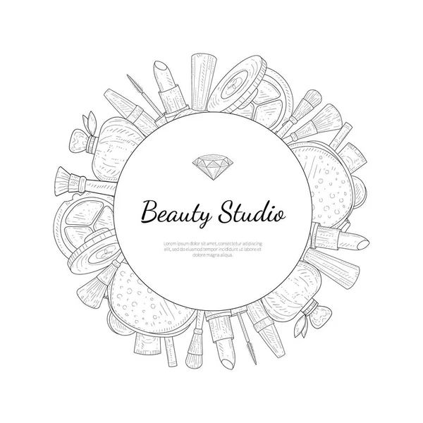 Beauty Salon Monochrome Banner Template with Place For Your Text, Cosmetics and Beauty Background with Make Up Artist Objects Vector Illustration