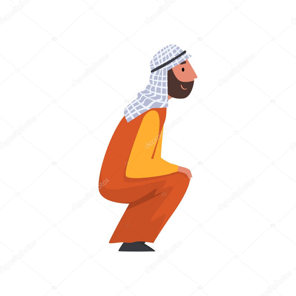 Arab Man in Traditional Muslim Clothes Squatting Vector Illustration