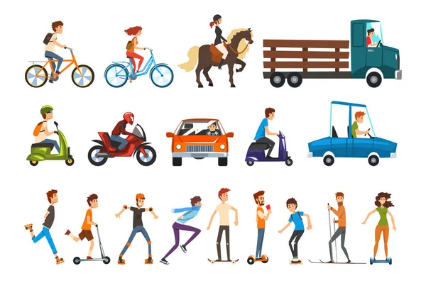 People on the street set, various vehicles cartoon vector Illustration on a white background — Stock Vector