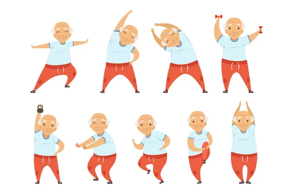 老年人做早操, 积极健康的生活方式退休的人矢量插图白色背景 — 图库矢量图片