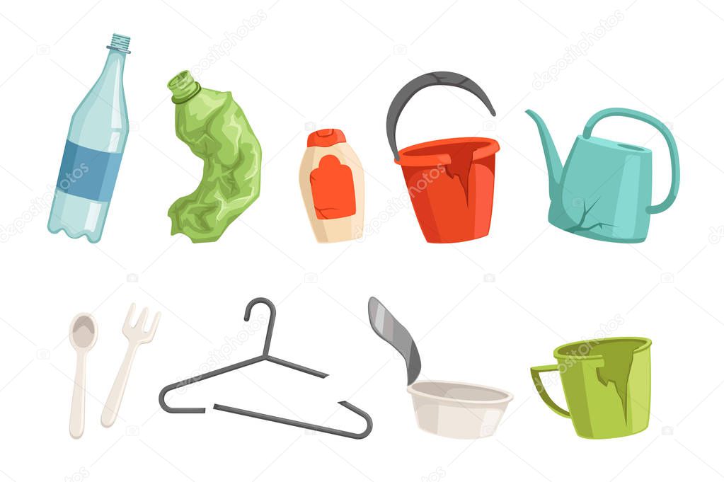Flat vector set of plastic waste. Bottles, fork and spoon, broken clothes hanger, cup, bucket and watering can. Sorting and recycling household garbage