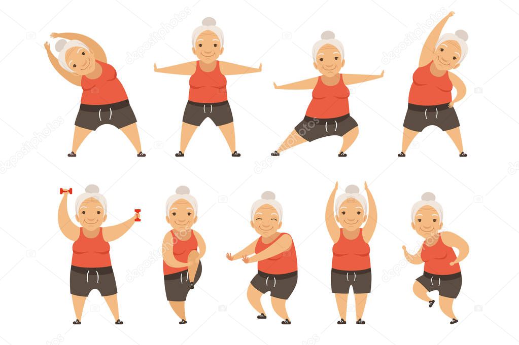 Senior woman doing morning exercises, active and healthy lifestyle of retired people vector Illustration on a white background