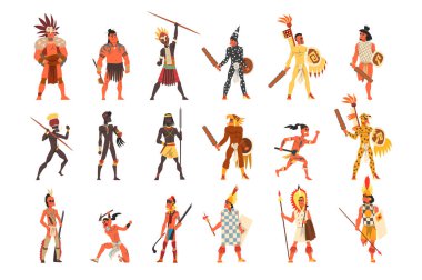 Afrika kabileleri, Avustralya ve Amerikan yerli ayarı, kabile üyeleri geleneksel giyim vektör çizimler beyaz bir arka plan üzerinde yerli halkı silahlı