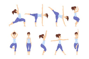 Genç kadında farklı asanas seti, yoga egzersizleri vektör çizimler beyaz bir arka plan yaparken kız teşkil etmektedir.