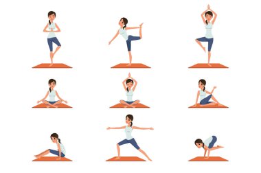 Yoga farklı teşkil etmektedir genç kız ile ayarlayın. Güzel kadının fiziksel egzersizler yapması. Beyaz izole düz vektör tasarımı.