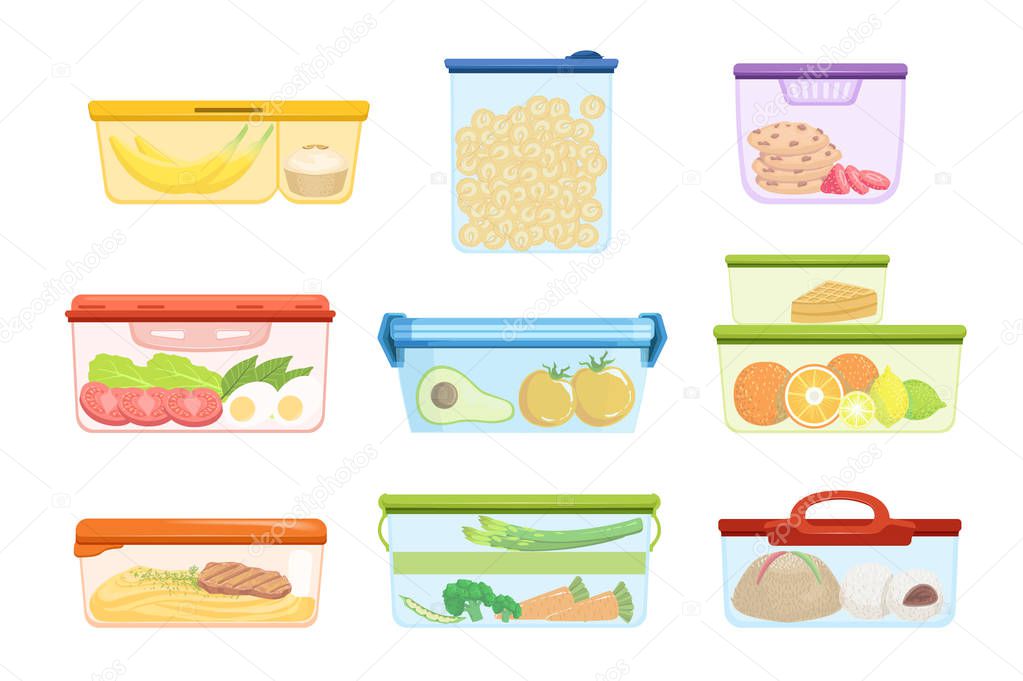 Flat vector set of plastic containers with food vegetables, fruits, sweets, macaroni. Dessert for lunch. Mashed potatoes with pork chop