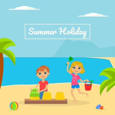 Tropik Plaj Vektör İllüstrasyon Oynayan Sevimli Erkek ve Kız ile Yaz Holliday Banner Şablonu