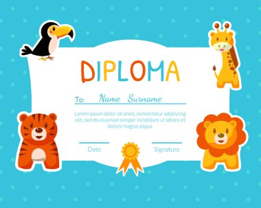 Renkli Diploma Şablonu Ile Çocuklar için Metin, Okul Öncesi, Sevimli Hayvanlar Vektör İllüstrasyon ile Anaokulu Çocuk Sertifikası