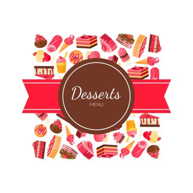 Tatlılar Menü Banner Şablon, Lezzetli Tatlılar, Tasarım Element Fırın, Şekerleme, Candy Shop Vektör İllüstrasyon