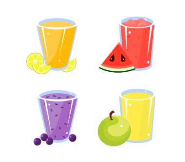 Çeşitli Taze Meyve Detoks Suları Seti, Limon Bardakları, Elma, Yaban Mersini, Karpuz İçecekleri Vektör İllüstrasyon