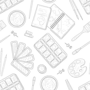 Ressam Araçları Dikişsiz Desen, Sanat Malzemeleri, Sanatsal Malzemeler Monokrom Vektör İllüstrasyon