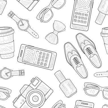 Erkek Moda Dikişsiz Desen, Gentleman Aksesuarları Koleksiyonu El Çizilmiş Vektör İllüstrasyon