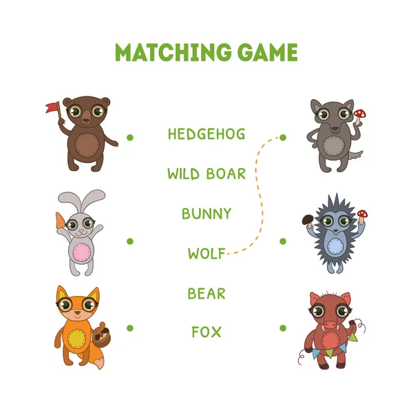 Matching Game, Hedgehog, Wild Boar, Wolf, Fox, Bunny, Bear, Word Matching Quiz Educational Game for Kids Vector Illustration — Stock Vector