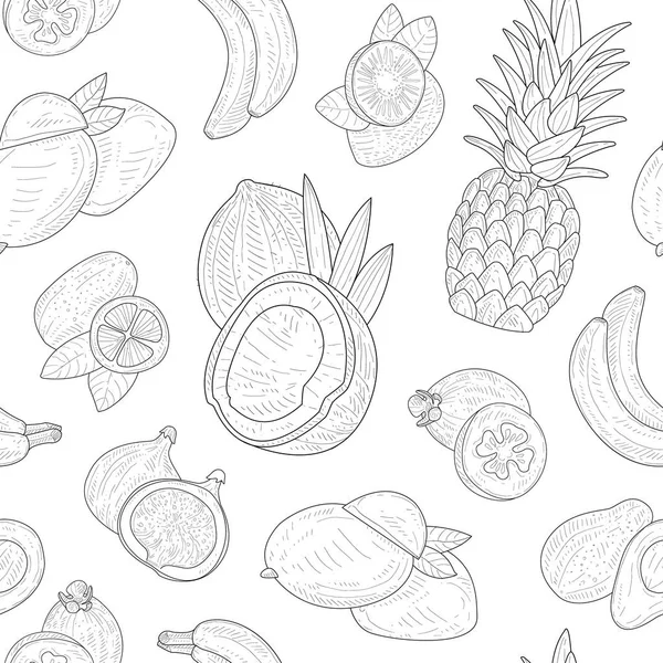 Egzotyczne owoce bezszwowe wzór, tropikalne rośliny rysowane ręcznie monochromatyczne ilustracji wektorowych — Wektor stockowy