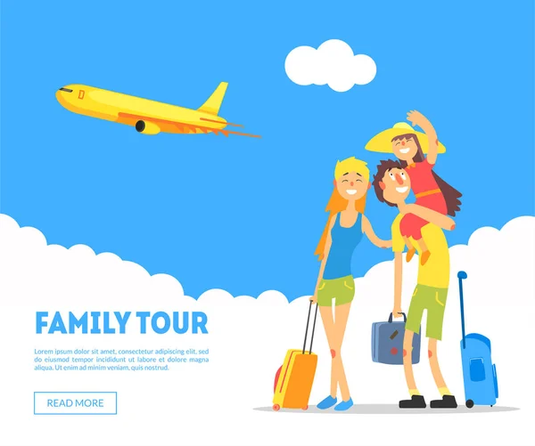 Family Tour Banner Template, Happy Parents and Their Daughter Travelling Together, Design Element Can Be Used for Landing Page, Mobile App, Wallpaper Vector Illustration — Stock Vector