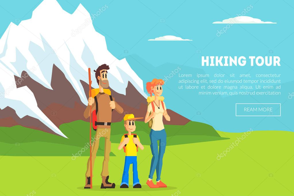 Hiking Tour Banner Template, Happy Family Travelling Together at Mountains, Design Element Can Be Used for Landing Page, Mobile App, Wallpaper Vector Illustration