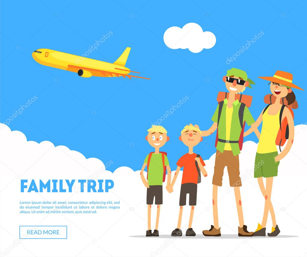 Family Trip Banner Template, Happy Parents and Sons Travelling Together, Design Element Can Be Used for Landing Page, Mobile App, Wallpaper Vector Illustration