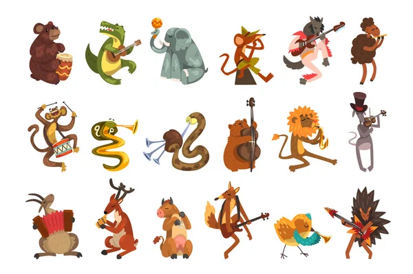 Симпатичные персонажи мультфильмов животных, играющие на различных музыкальных инструментах векторные иллюстрации на белом фоне — стоковый вектор