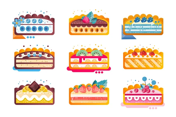 Katmanlı lezzetli pasta setinin, meyve ve çilek beyaz bir arka plan üzerinde üst vektör çizim üzerinde çeşitli malzemelerle ile kek parçası — Stok Vektör