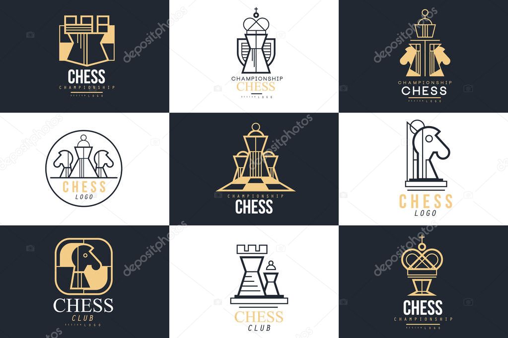 Chess logo set, design element for championship, tournament, chess club, business card, vlack and white vector Illustration