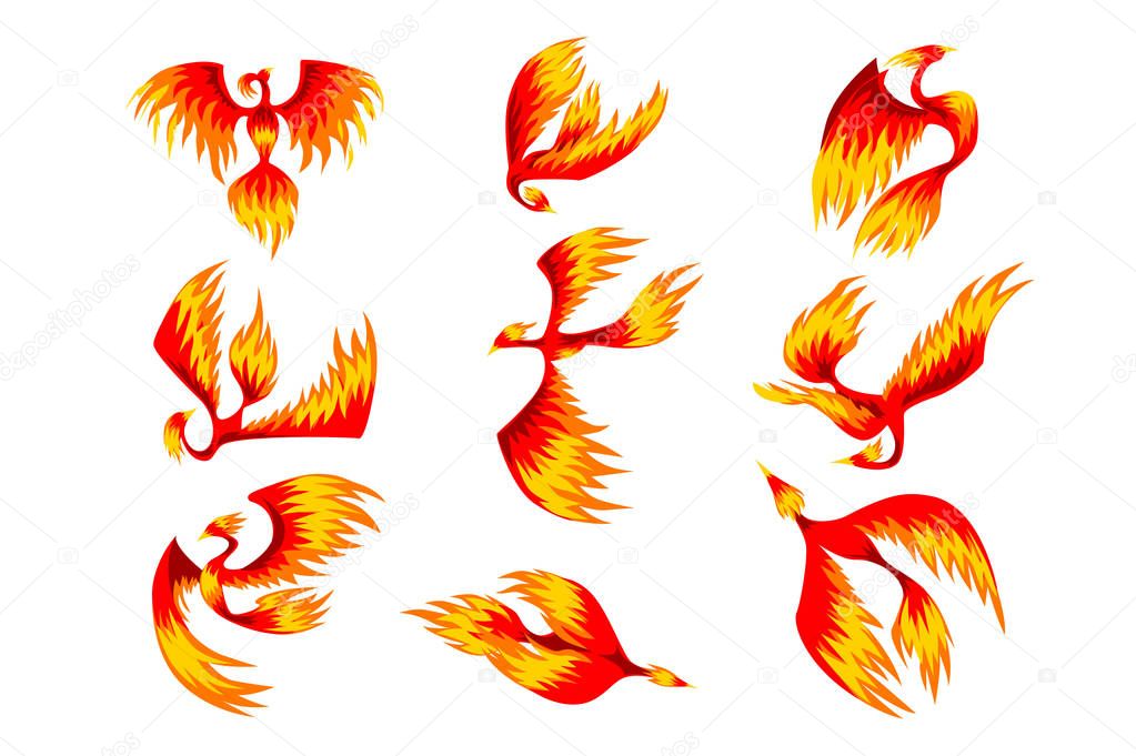 Flaming phoenix bird set, fairy tale character from Slavic folklore vector Illustrations isolated on a white background.