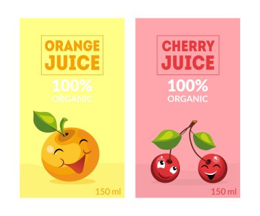 Taze Portakal ve Kiraz Suyu Etiketleri Şablonlar Set, Amblem, Logo, Ambalaj veya Reklam Tasarım Elemanı Vektör İllüstrasyon