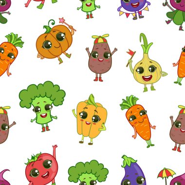 Renkli Komik Sebzeler Karakterler Dikişsiz Desen, Sağlıklı Gıda Vektör İllüstrasyon