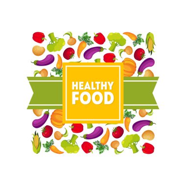 Sağlıklı Gıda Banner Şablonu, Taze Sebzeli Kare Çerçeve, Market Etiketi için Tasarım Elemanı Kullanılabilir, Cafe Menüsü, Gıda Ambalaj Vektör İllüstrasyonu