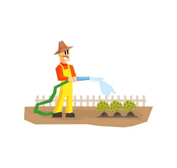 Man Watering Plants with Hose, Farmer Working in Garden or Farm Vector Illustration