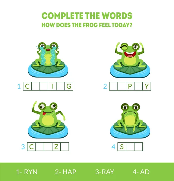 Kelimeleri Tamamla, Kurbağa Bugün Nasıl Hissediyor, Ağlama, Mutlu, Çılgın, Üzgün, Sevimli Amfibi Hayvan Karakteri ile Eşleştirme Oyunu, Çocuklar Vektör İllüstrasyon Eğitici Oyun — Stok Vektör