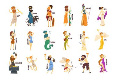 Yunan Tanrıları seti, Dionysus, Hermes, Hephaestus, Zeus, Hades, Poseidon, Afrodit, Artemis antik Yunan mitolojikarakterleri karakter vektör Çizimler