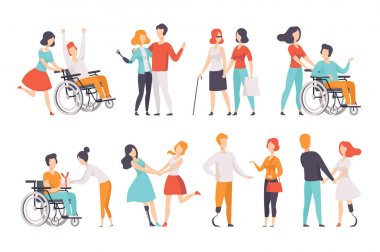 Engelli insanlar arkadaşlarıyla birlikte iyi vakit geçiriyor ayarla, özürlü kişi tam hayat vektör çizimler beyaz bir arka plan üzerinde zevk