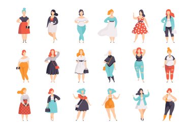 Moda giysiler güzel artı boyutu kadınlarda ayarla, düzgün vücutlu, kız pinup modeli vektör çizimler beyaz bir arka plan overweigh
