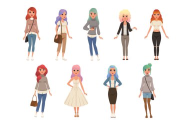 Güzel genç kadın uzun boyalı saç kümesi ile şık kız moda giysileri beyaz bir arka plan üzerinde çizimler vektör