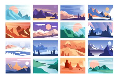 Dağ manzara kümesi, farklı zaman-in yıl ve gün doğada sahnelerinin illüstrasyon vektör