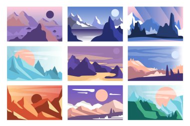 Dağ manzara kümesi, farklı zaman-in yıl ve gün doğada sahnelerinin illüstrasyon vektör