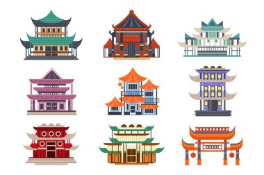 Geleneksel pagoda binalar seti, Asya mimarisi nesneleri illüstrasyonlar beyaz bir arka plan üzerinde vektör