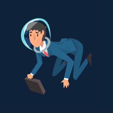 Mavi Takım Elbiseli Başarılı İşadamı ve Dış Uzay Vektör İllüstrasyonunda Uçan Astronot Kaskı