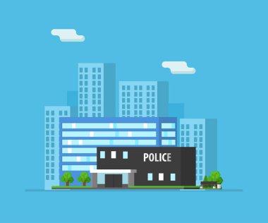 Gökdelenler ve Polis Binası Vektör İllüstrasyon ile Kentsel Peyzaj