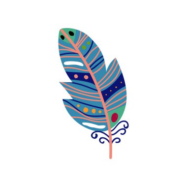 Mavi Renklerde Renkli Desenlerle Boyanmış Renkli Kuş Tüyü, Dekorasyon Elemanı Vektör İllüstrasyonu