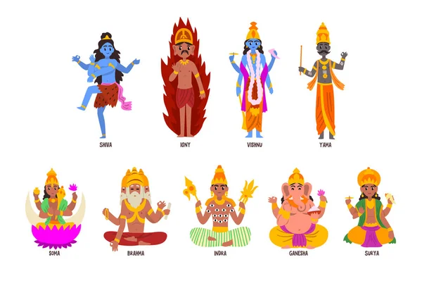 Set di dèi indiani, Shiva, Igny, Vishnu, Ganesha, Indra, Soma, Brahma, Surya, Yama dio personaggi dei cartoni animati vettoriali Illustrazioni su sfondo bianco — Vettoriale Stock